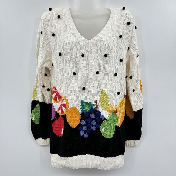 VTG Marisa Christina Handknit Fruit Pom Pom Sweater Size S/M/L White Black Ugly - Picture 1 of 11